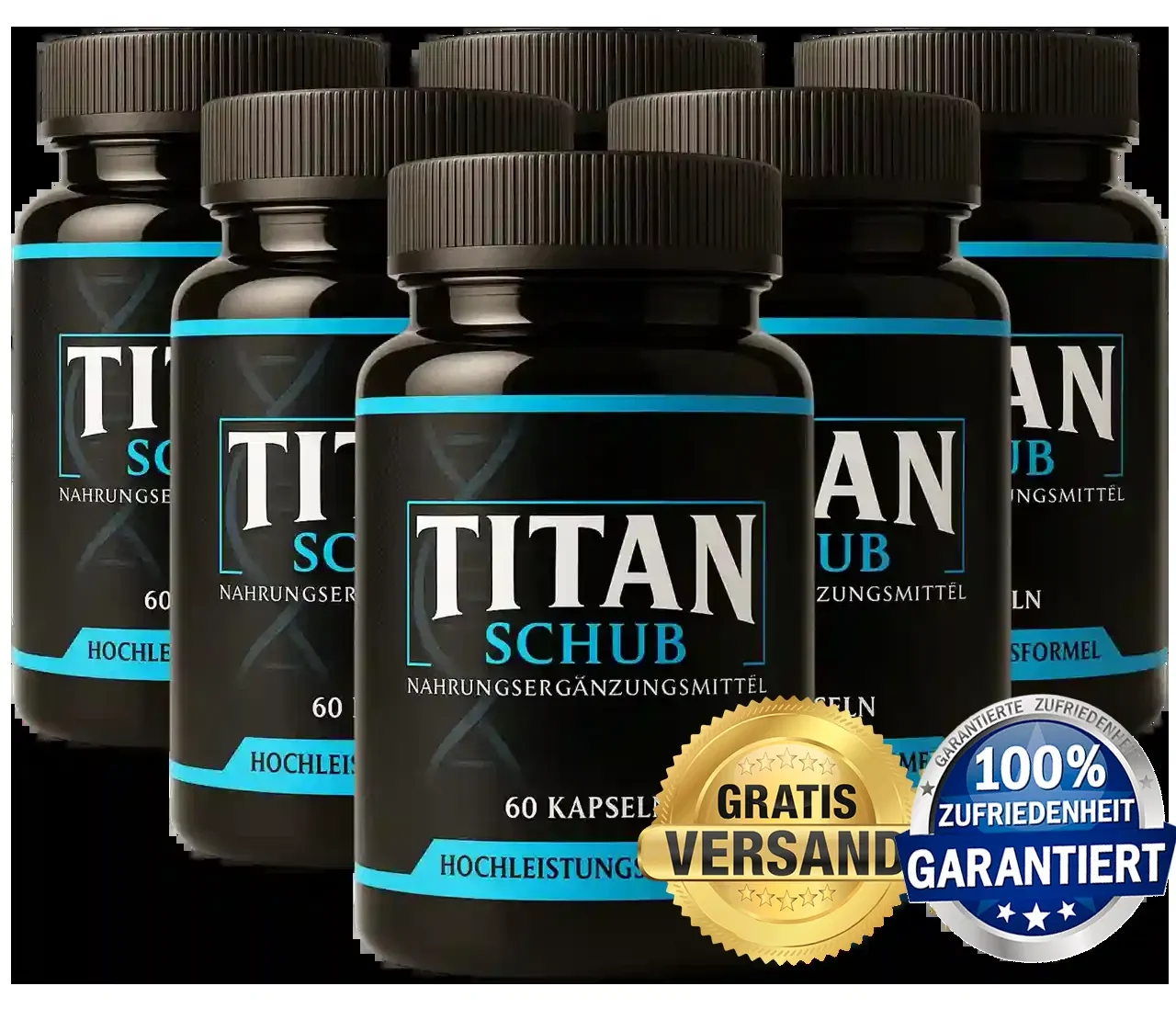 Offizielle Titan-Schub-Produktdarstellung mit mehreren Flaschen